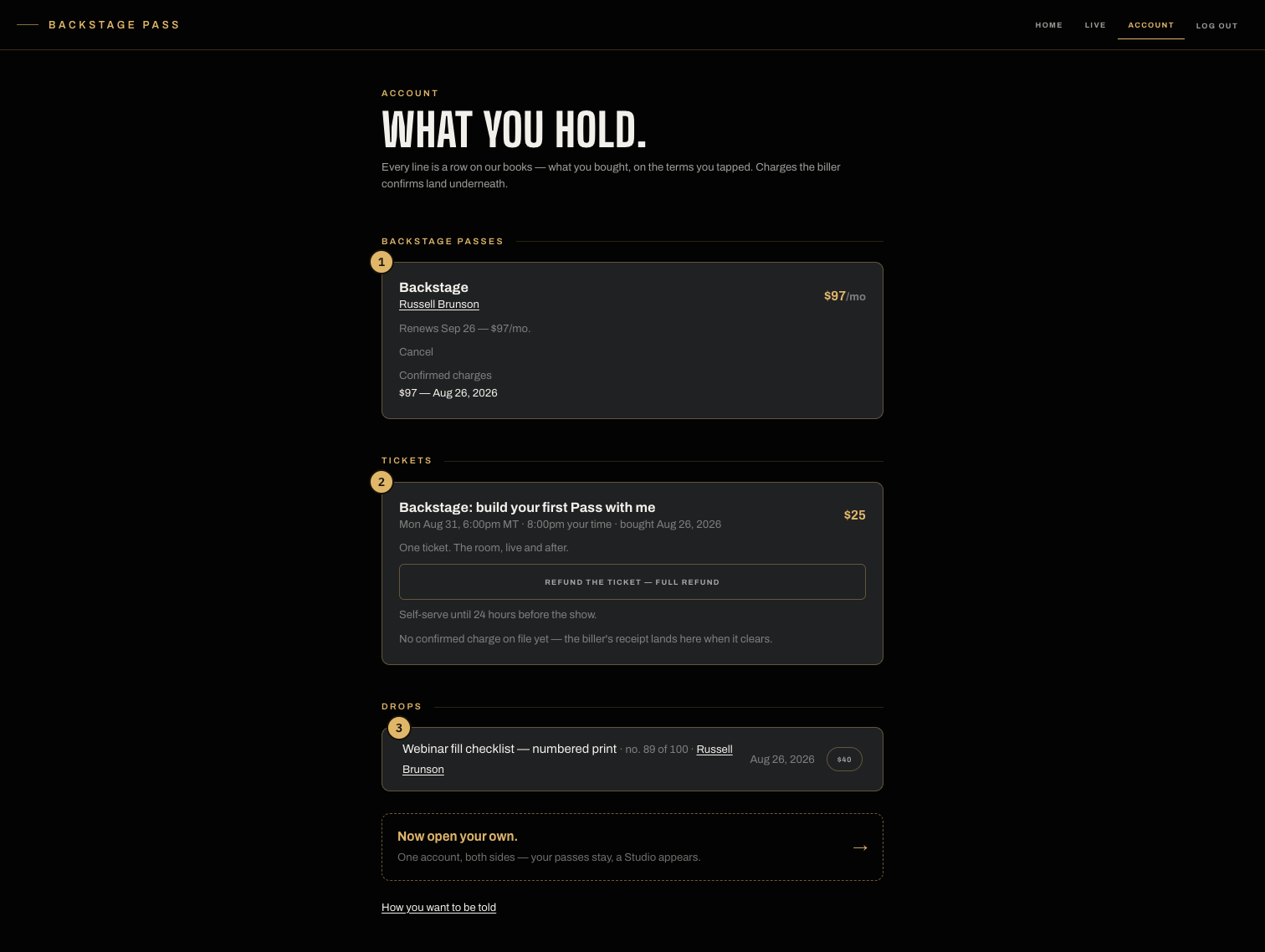 The account page: Passes with their locked renewal terms and confirmed charges, tickets with their refund windows, drops with unit numbers, and tips