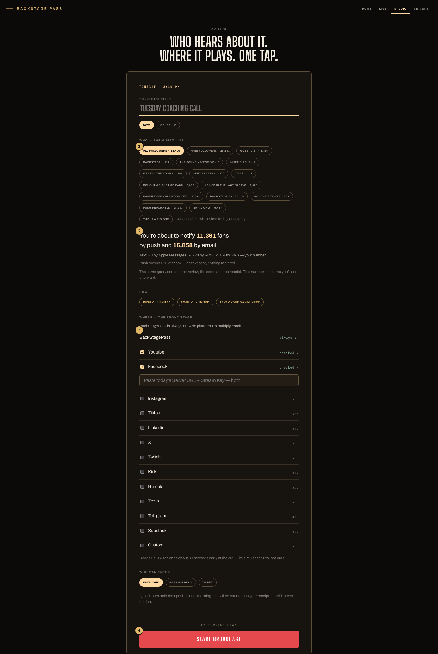 The GO LIVE composer: title, the guest list with live counts, the reach sentence, channel chips, the platform rows, and START BROADCAST
