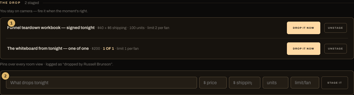 The Drops tab in the control room: a ready drop row with Drop it now, and the create form with price, shipping, units and per-person limit