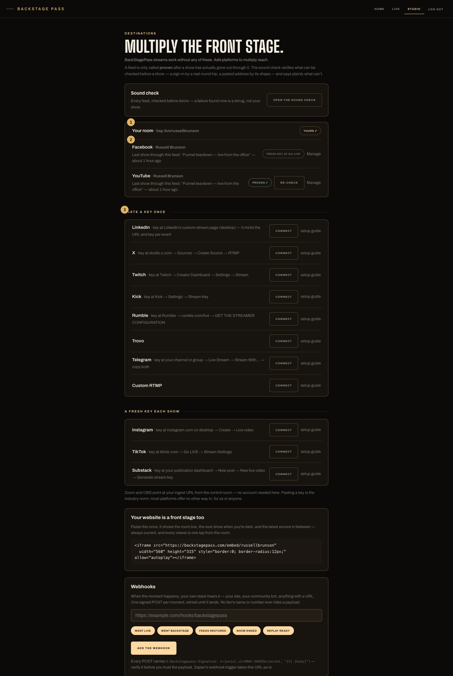 The destinations screen: your room first, then connected feeds with their observed state, then unconnected platforms grouped by how they connect