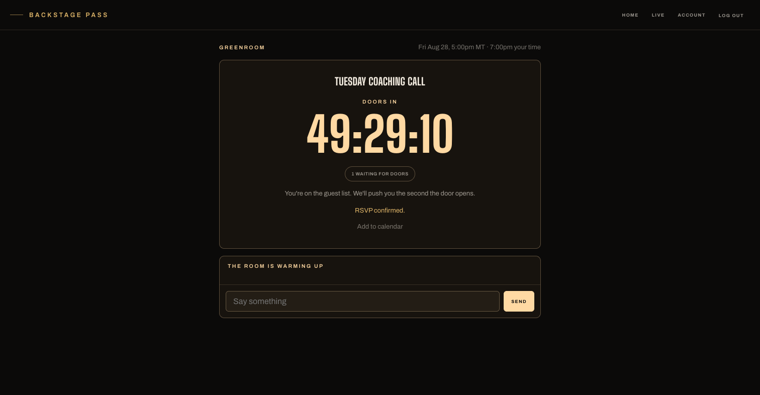 The waiting room: the countdown to doors, who's waiting, the RSVP button, and the chat panel