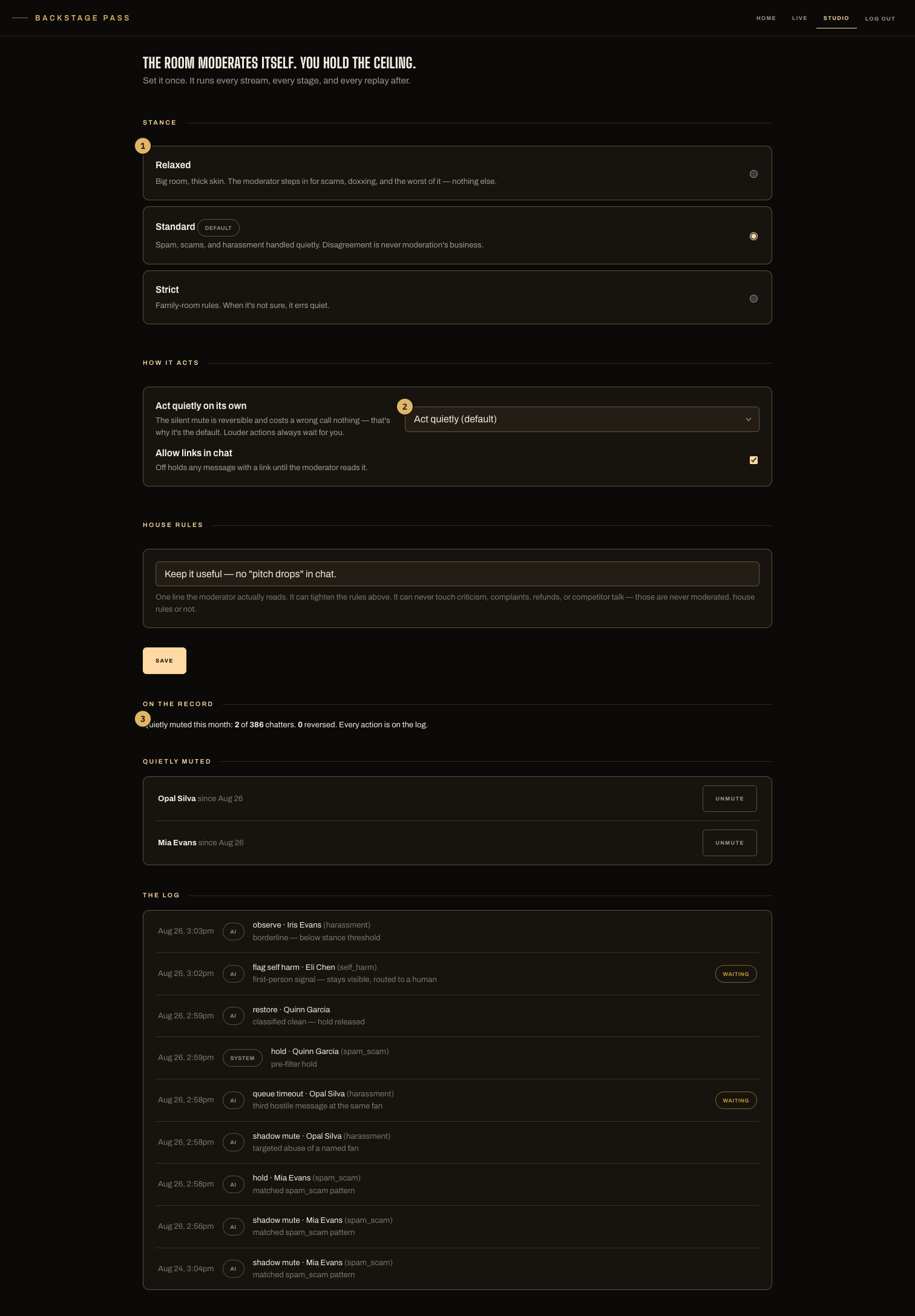 The moderation policy screen: three stances, the autonomy select, the house rules line, and the on-the-record counts