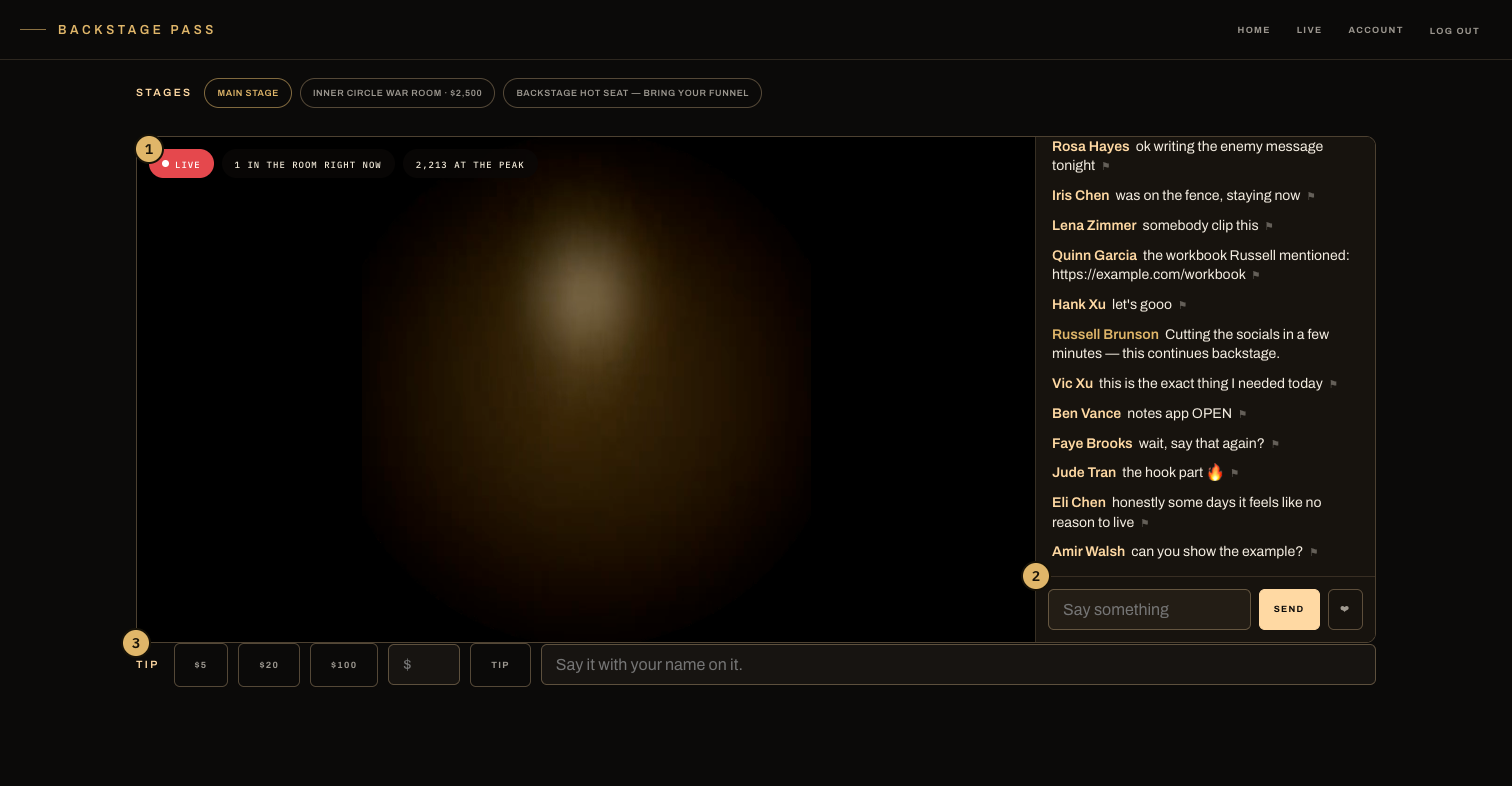 A live room: the video with the LIVE chip and live counts, chat beside it, and the tip row underneath