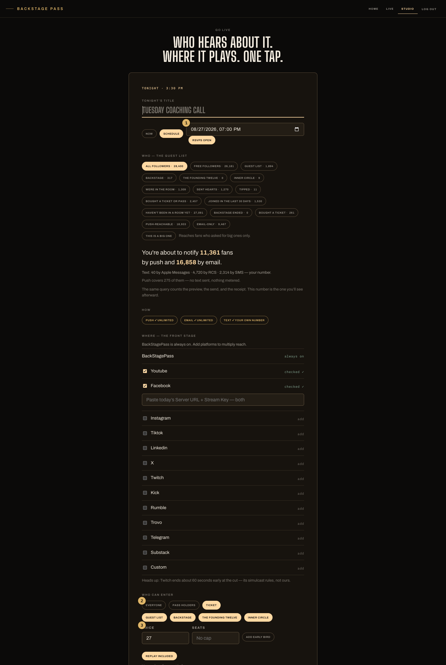 The composer with Schedule picked: date and time, RSVPs open, the guest list, and the door options
