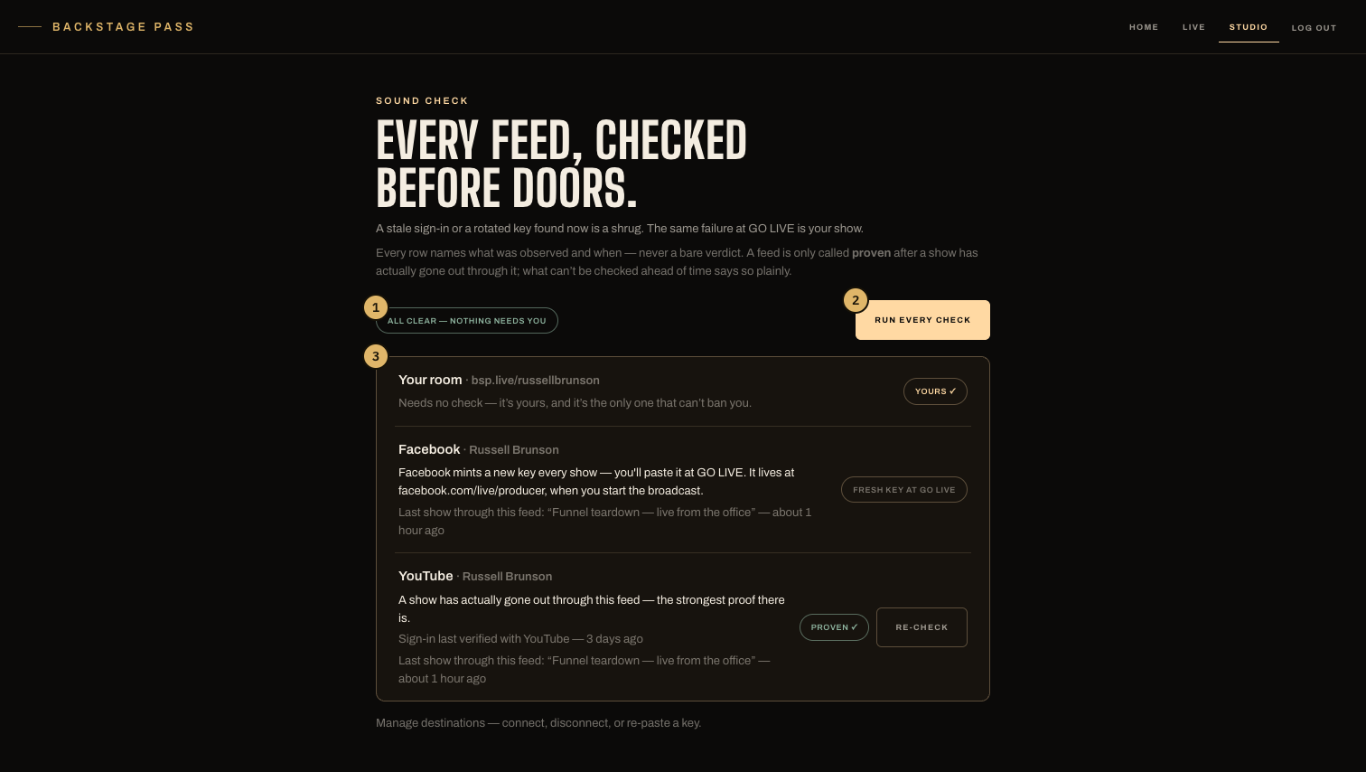The sound check screen: a run-every-check button and one row per feed, each naming what was observed and when
